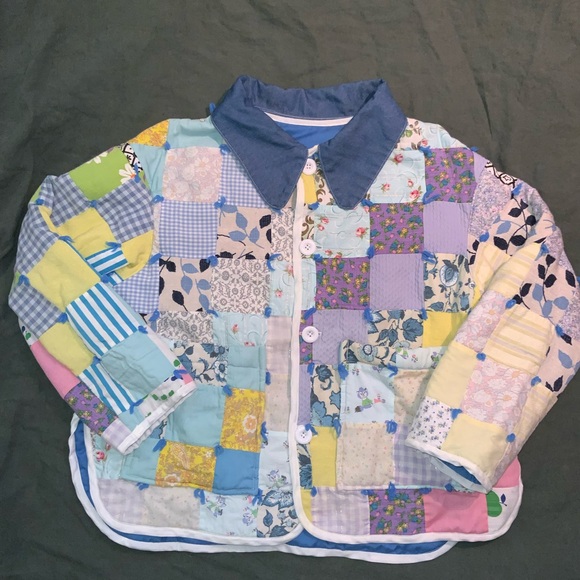 handmade quilt coat patchwork yarn ties blue floral gingham denim collar L/XL - Picture 2 of 6